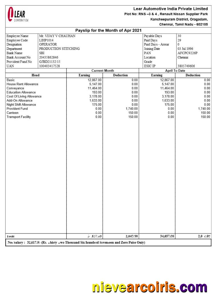 Lear Automotive India payslip
